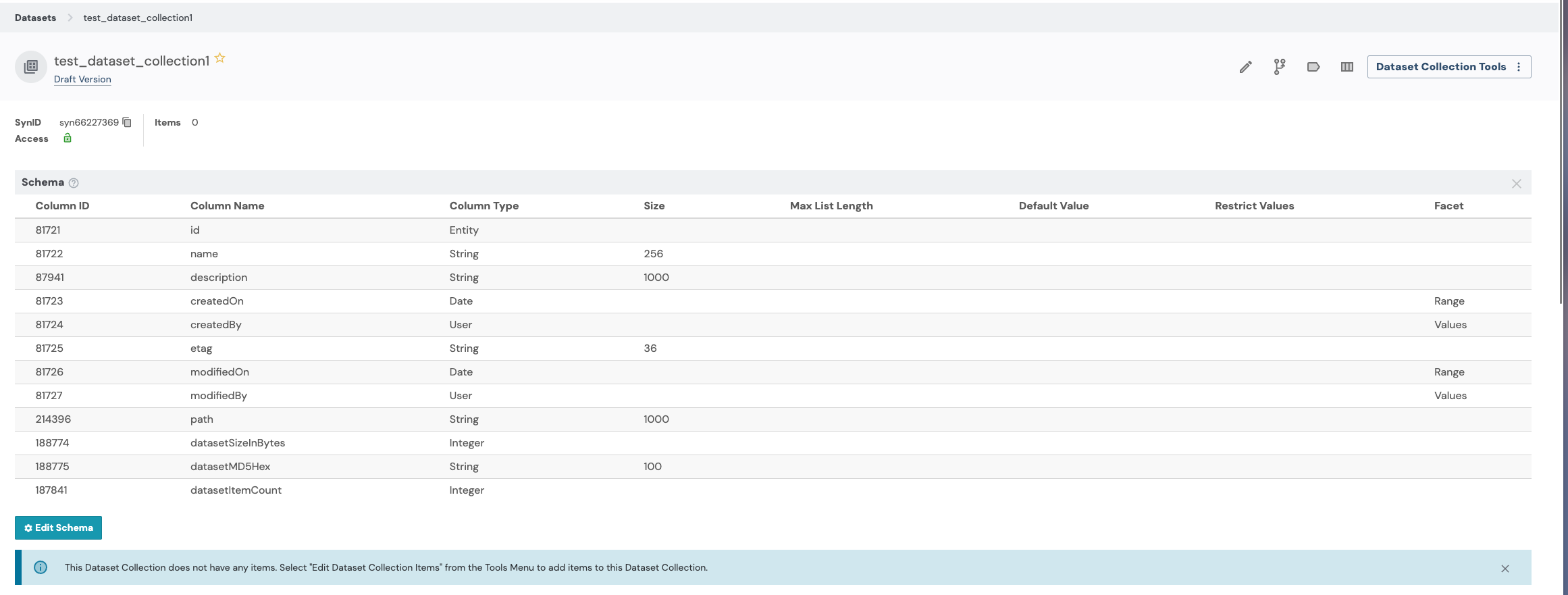 Dataset Collection Default Schema