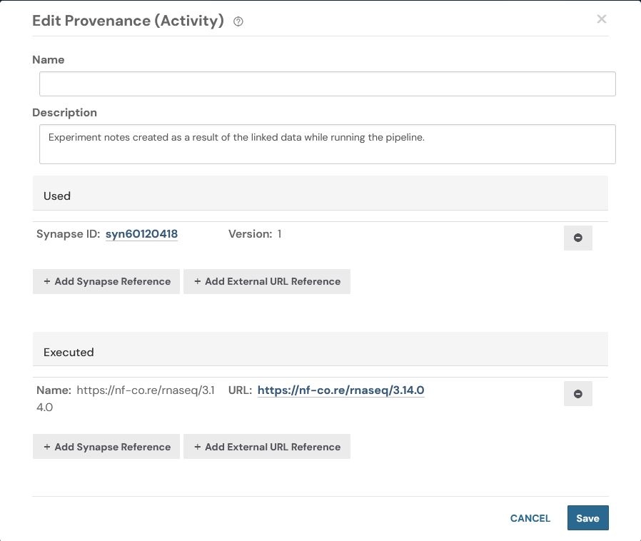 edit provenance screen